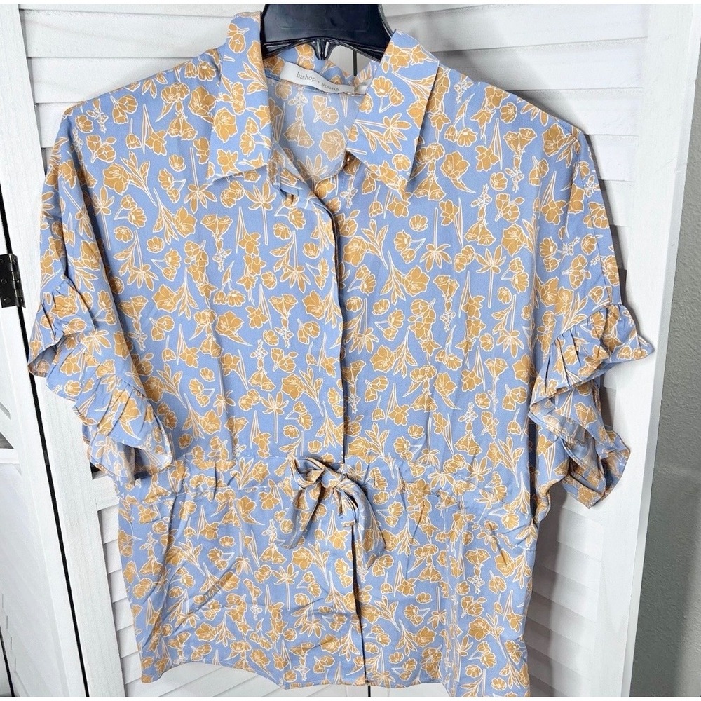 Bishop & Young Women's Blouse Blue Orange Floral Ruffle Sleeve Tie Waist XS NWT